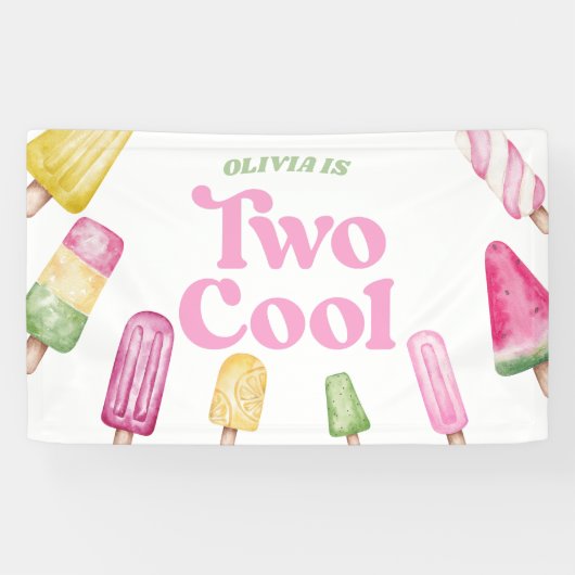 Twee Koele Roze Retro Popsicle 2e Verjaardagsfeest Spandoek (Horizontaal)