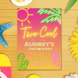 Twee koele tropische roze neon zwembadfeest uitnod kaart