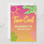 Twee koele tropische roze neon zwembadfeest uitnod kaart (Voorkant)