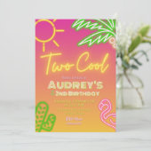 Twee koele tropische roze neon zwembadfeest uitnod kaart (Staand voorkant)