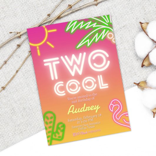 Twee koele tropische roze neon zwembadfeestje kaart