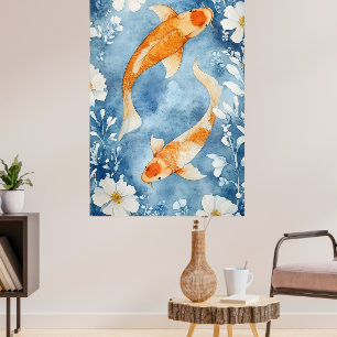Twee koi karpers zwemmend tussen bloemen.  poster