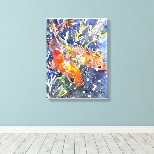 Twee Koi waterverf schilderij Canvas Afdruk (Insitu (Houten vloer))