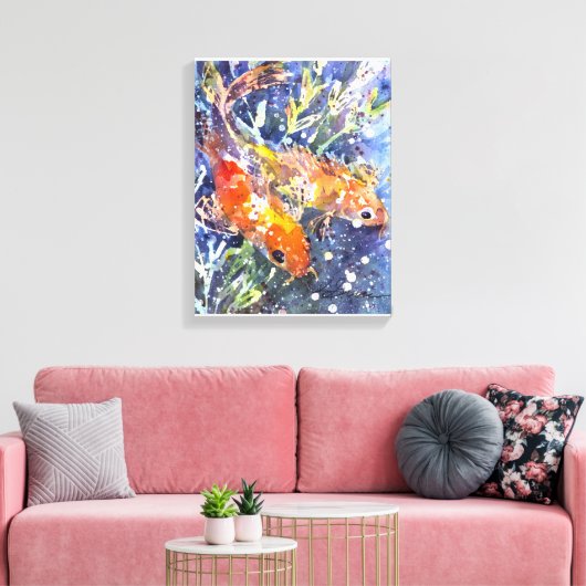 Twee Koi waterverf schilderij Canvas Afdruk (Insitu (Woonkamer))