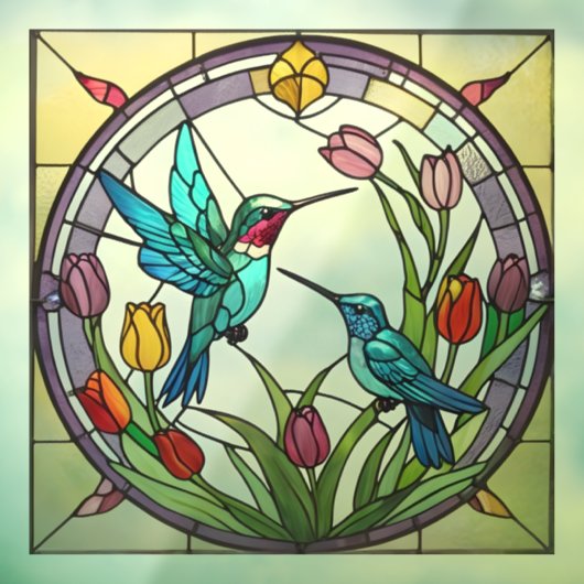 Twee kolibries & tulp Flower Faux Glas in lood Raamsticker (Vel 3)