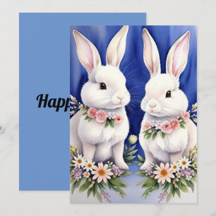 Twee konijnen en bloemen  feestdagenkaart