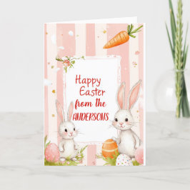 Twee konijnen en wortelen roze feestdagen kaart