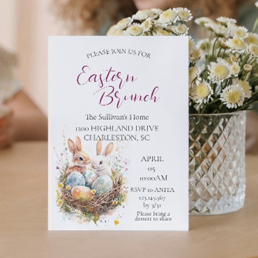 Twee konijnen in mand met eieren Paasbrunch Kaart