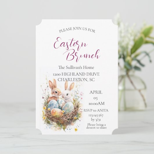 Twee konijnen in mand met eieren Paasbrunch Kaart (Staand voorkant)