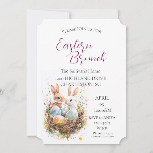 Twee konijnen in mand met eieren Paasbrunch Kaart (Voorkant)