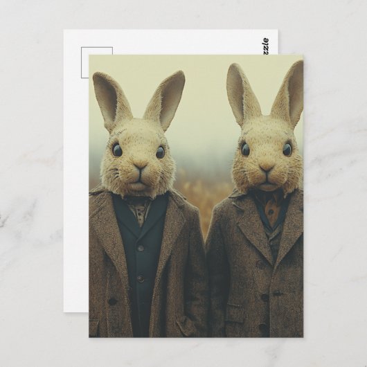 Twee konijnen in pakken in een mistig veld briefkaart (Voorkant / Achterkant)