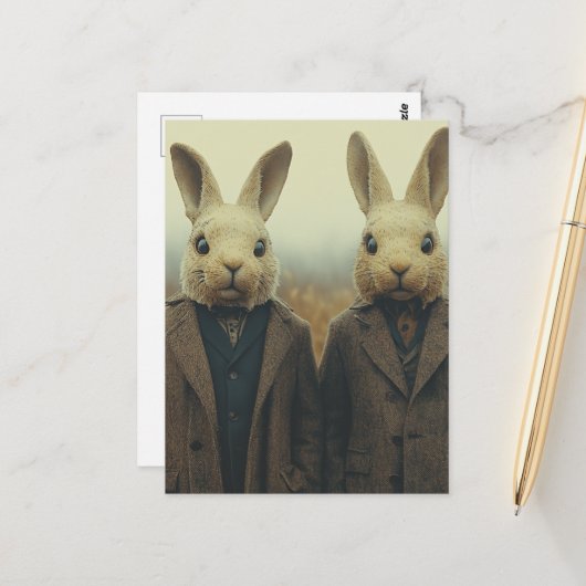 Twee konijnen in pakken in een mistig veld briefkaart (Voorkant / Achterkant in situ)
