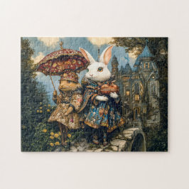 Twee konijnen op een kasteelbrug in een fantasiesc legpuzzel