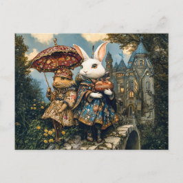 Twee konijnen op een kasteelbrug in fantasiescene briefkaart