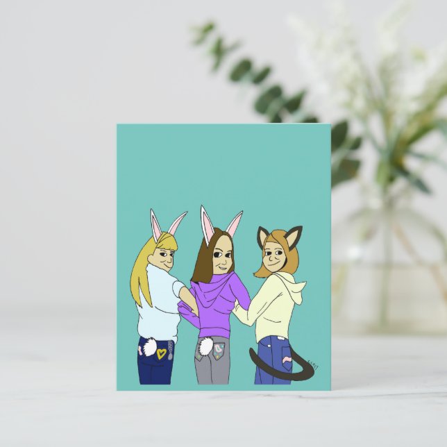 Twee konijntjes en een kat (Staand voorkant)