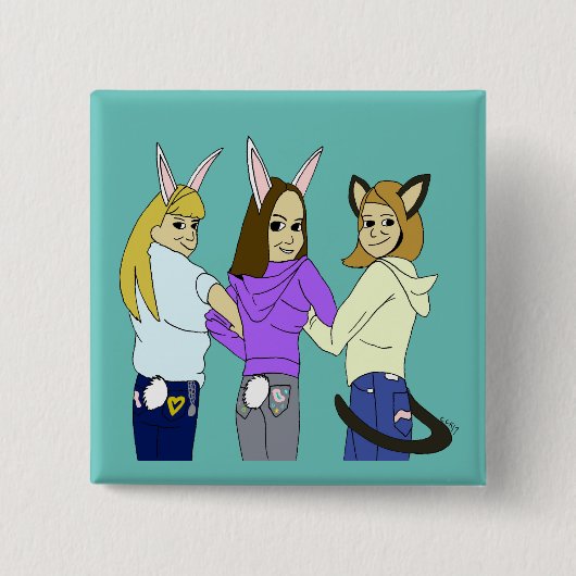 Twee konijntjes en een kat vierkante button 5,1 cm (Voorkant)