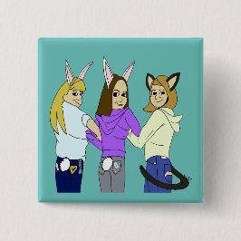 Twee konijntjes en een kat vierkante button 5,1 cm