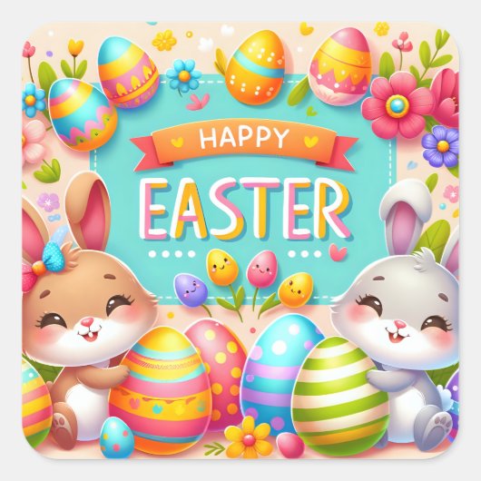 Twee konijntjes vieren Pasen Vierkante Sticker (Voorkant)