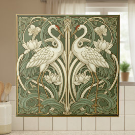 Twee Kraanvogels Art Nouveau Pat#10 Olijf ivoor ID Tegeltje