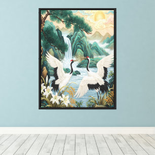 Twee Kraanvogels in een Berglandschap Canvas Afdruk