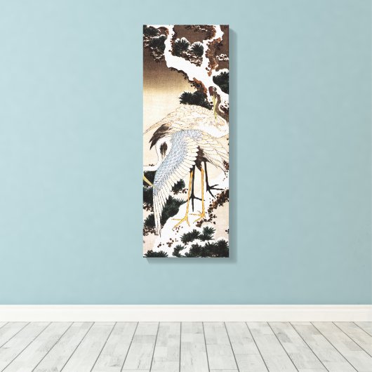 Twee kranen op een pijnboom met sneeuw, Hiroshige Canvas Afdruk (Insitu (Houten vloer))