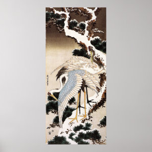 Twee kranen op een pijnboom met sneeuw, Hiroshige Poster