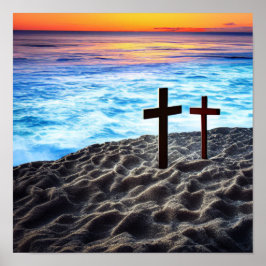 Twee kruisen in de Seashore bij het Sunset Poster