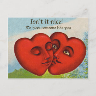 Twee kussende harten, vintage valentijnsdag briefkaart