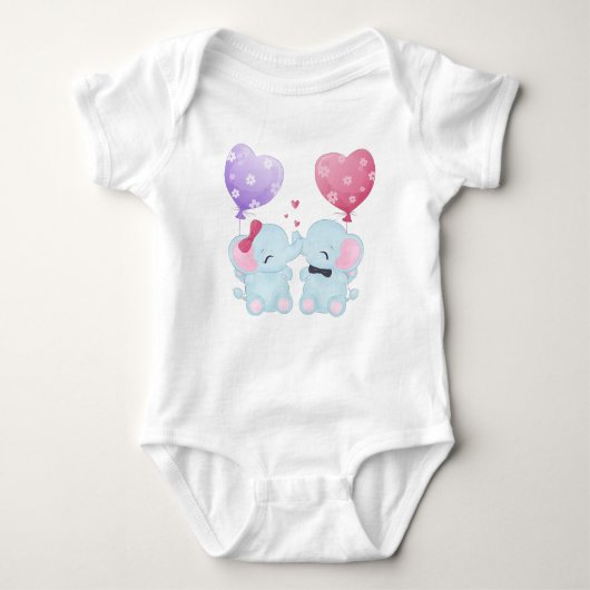 TWEE KUTE BLAUWE BABY ELEPHANTS MET BALLOONS ROMPER (Voorkant)