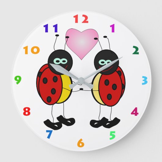 TWEE KUTE LADYBIRDS EN PINKHART VOOR KINDEREN GROTE KLOK (Voorkant)