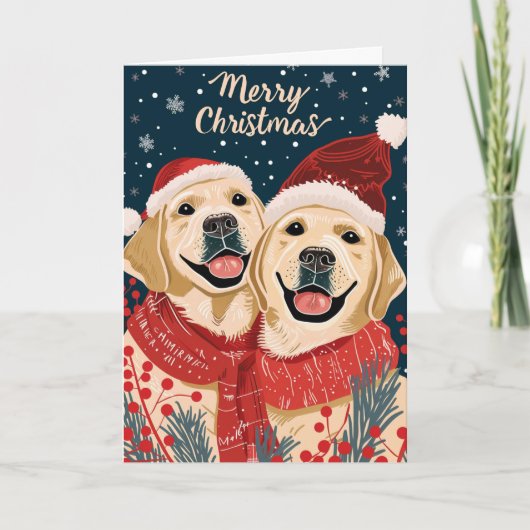 Twee Labrador Vrolijk Kerstmis Gepersonaliseerd Feestdagen Kaart (Voorkant)