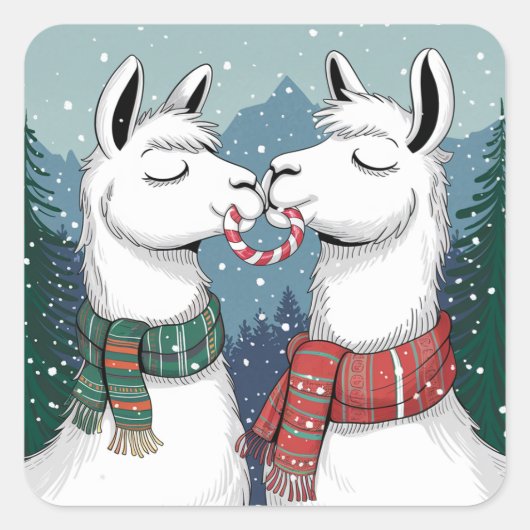 Twee lama's zoenen en delen een snoepstok vierkante sticker (Voorkant)