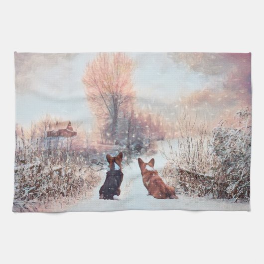 Twee land Welsh Corgis in de sneeuw Theedoek (Horizontaal)
