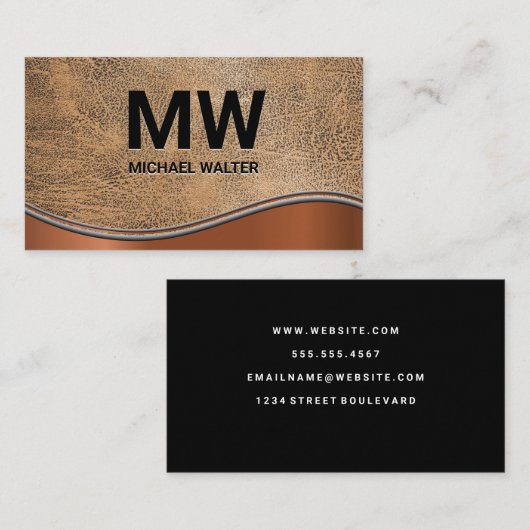 Twee letters Monogram Bruin Lederen Textuur Visitekaartje (Voorkant / Achterkant)