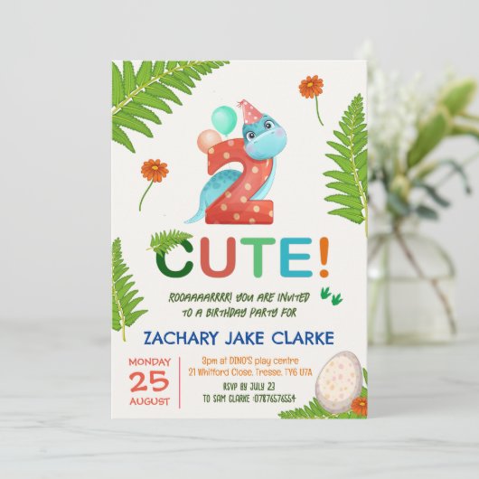 Twee Leuke, Dinosar 2e verjaardag uitnodiging (Staand voorkant)