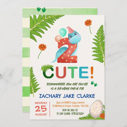 Twee Leuke, Dinosar 2e verjaardag uitnodiging (Voorkant / Achterkant)