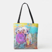 Twee leuke honden die tas van de frisbee spelen (Achterkant)