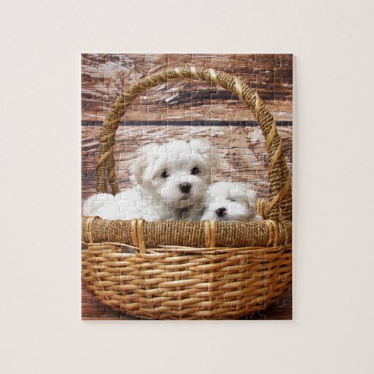 Twee leuke Maltese puppies in een mand Legpuzzel (Verticaal)