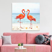 Twee levendige roze flamingo's op het strand Canva Canvas Afdruk (Insitu (Woonkamer))