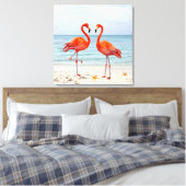 Twee levendige roze flamingo's op het strand Canva Canvas Afdruk (Insitu (Slaapkamer))