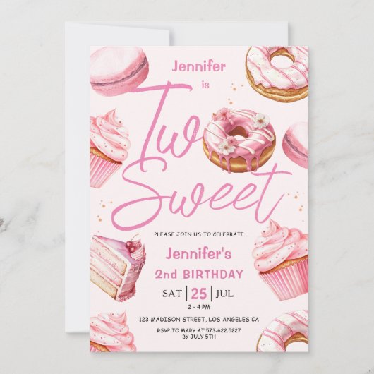 TWEE Lief! Roze Donut Meisjes 2e Verjaardagsfeestj Kaart (Voorkant)