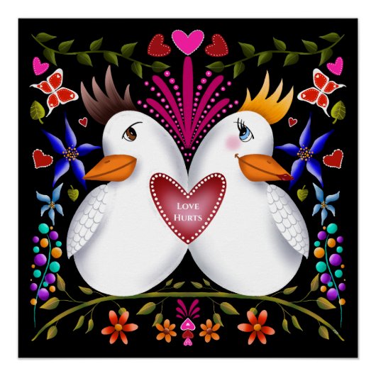 Twee liefde vogels harten bloemen Valentijnsdag kl Perfect Poster (Voorkant)