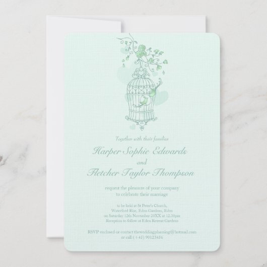 Twee liefdesvogels openen vogelkooi bruiloft groen kaart (Achterkant)