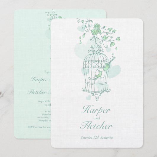 Twee liefdesvogels openen vogelkooi bruiloft groen kaart (Voorkant / Achterkant)