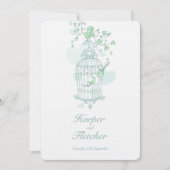 Twee liefdesvogels openen vogelkooi bruiloft groen kaart (Voorkant)