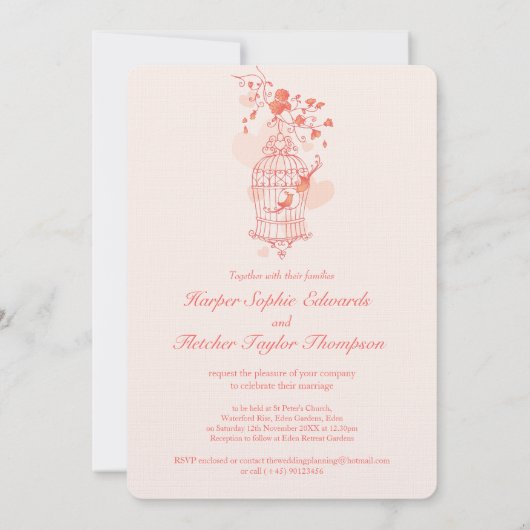 Twee liefdesvogels openen vogelkooi bruiloftskoraa kaart (Achterkant)