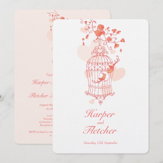 Twee liefdesvogels openen vogelkooi bruiloftskoraa kaart (Voorkant / Achterkant)