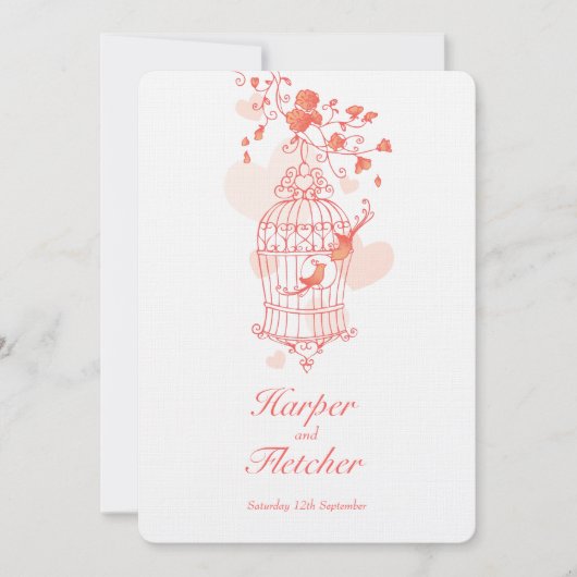 Twee liefdesvogels openen vogelkooi bruiloftskoraa kaart (Voorkant)