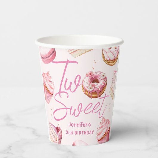 TWEE lieve 2e verjaardag meisjes roze donut papier Papieren Bekers (Achterkant)