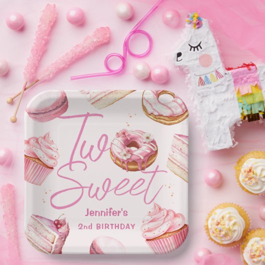 TWEE lieve 2e verjaardag meisjes roze donut Papieren Bordje (Feest)